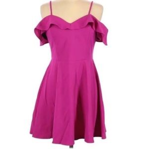 Pink mini dress with ruffle cold shoulder sleeves